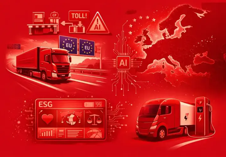 Ciężarówka na drodze, znak zakazu wyprzedzania dla ciężarówek, mapa Europy z AI, ładowanie elektrycznego pojazdu.