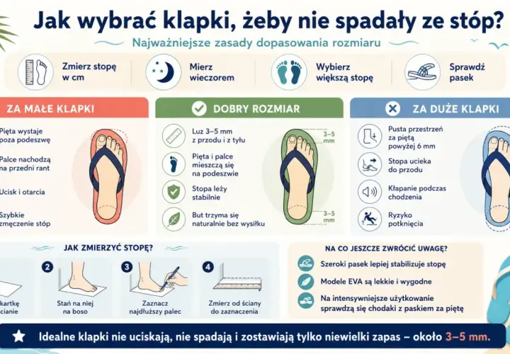 Jak dobrać rozmiar klapek, by nie spadały? Poradnik pokazuje, jak mierzyć stopę i jakie luzy są idealne. Unikaj za małych lub za dużych klapek.