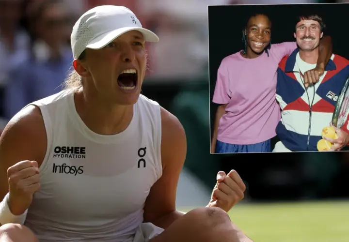 Iga Świątek świętuje zwycięstwo, a obok niej w ramce zdjęcie młodej Venus Williams i jej trenera.
