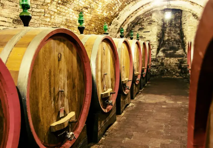 Botti di legno in una cantina storica, un'immagine che evoca le migliori cantine toscane e la loro tradizione vinicola.