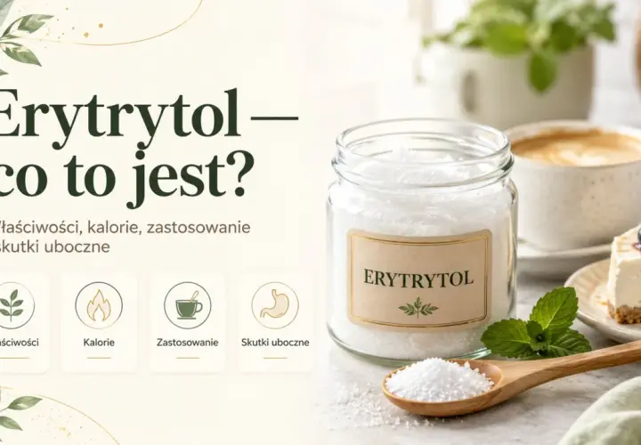 Erytrytol – co to jest? Słodzik w słoiku, obok ciasta i kawy. Poznaj jego właściwości, kalorie, zastosowanie i skutki uboczne.