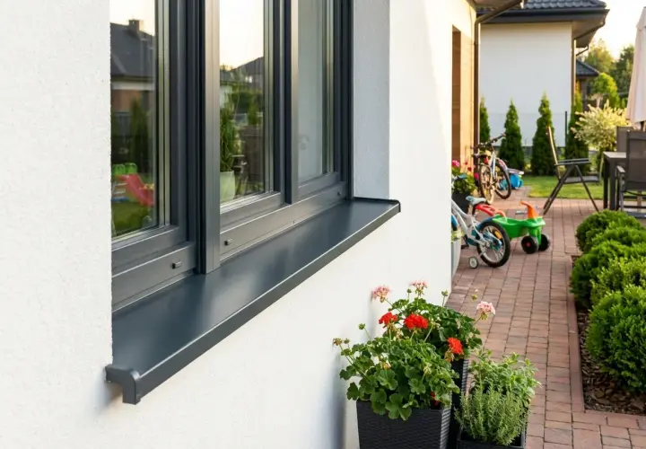 Eleganckie parapety zewnętrzne aluminiowe podkreślają nowoczesny wygląd domu. W tle plac zabaw i rowery.