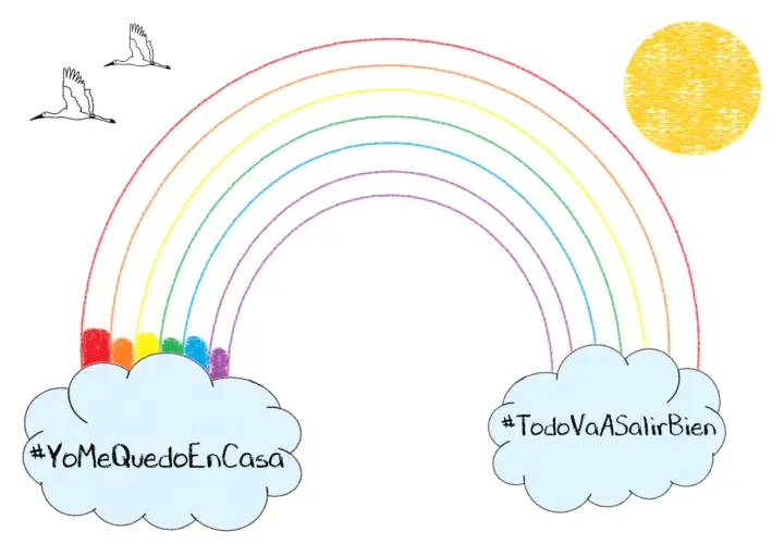 Un arcoiris para colorear con nubes, pájaros y el sol. En las nubes se lee: #YoMeQuedoEnCasa y #TodoVaASalirBien.