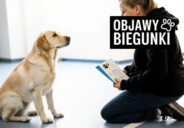 Labrador czeka na instrukcje, jak leczyć ludzkie leki na biegunkę dla psa. Na ekranie widnieje napis "Objawy biegunki".