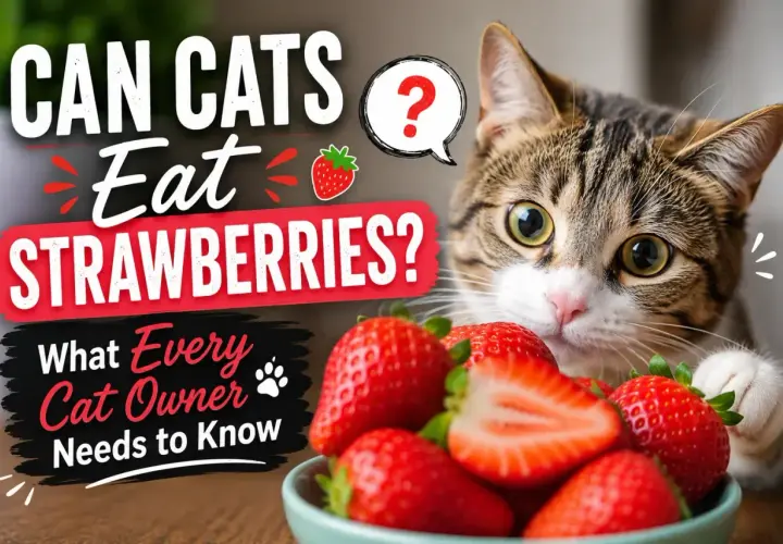 Curious cat eyes a bowl of strawberries, asking "Can cats eat strawberries?" Learn what every cat owner needs to know about this fruity question.