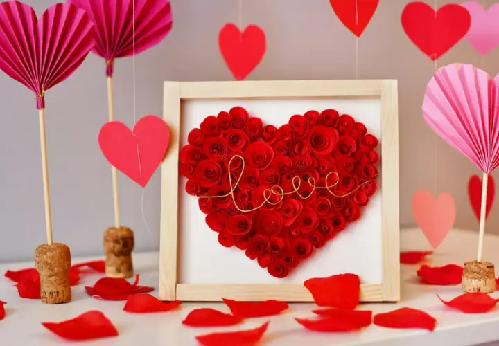 Własnoręczny prezent na walentynki: serce z czerwonych różyczek w ramce, ozdobione złotym napisem "love". Wokół wiszące serduszka i wachlarze.