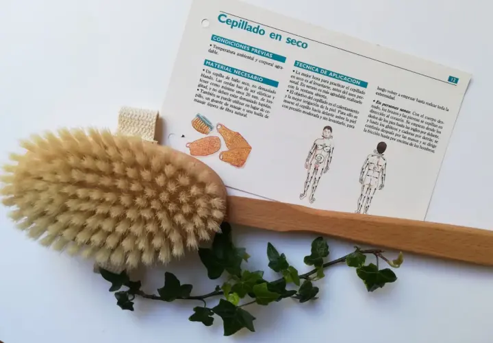 Cepillo de madera con cerdas naturales y hojas de hiedra, junto a un folleto sobre cepillado en seco.