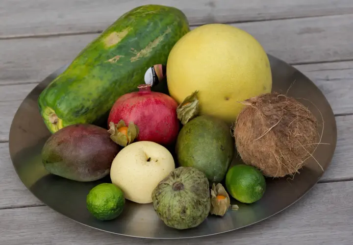 Talerz z owocami: papaja, mango, granat, pomelo, awokado, kokos, gruszka, limonki, custard apple i miechunka. Zastanawiasz się, czy można przewozić owoce w bagażu podręcznym?