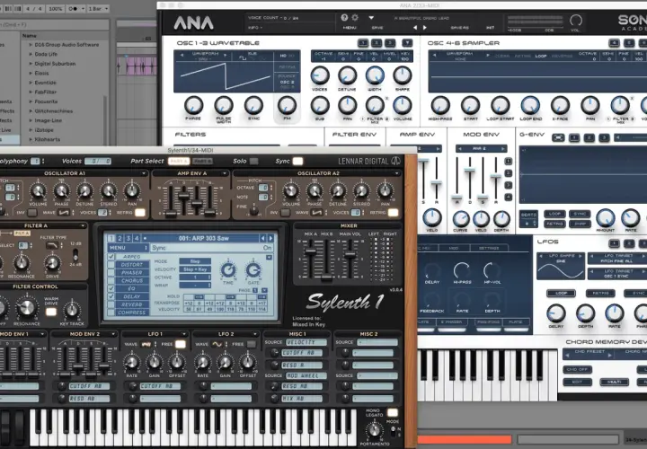 Interface de synthétiseur virtuel, avec des contrôles pour les oscillateurs, filtres et effets. Un plugin fl studio gratuit pour créer des sons.