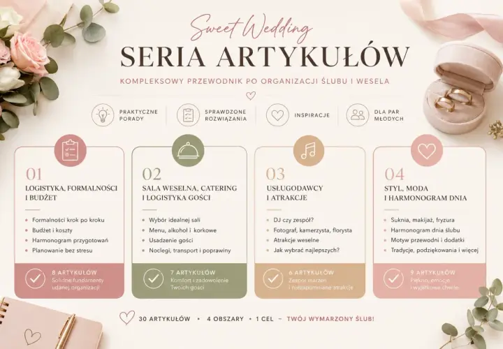 Przewodnik po przygotowaniach do ślubu: logistyka, sala, usługodawcy i styl. Wszystko, by Twój wymarzony ślub był idealny.