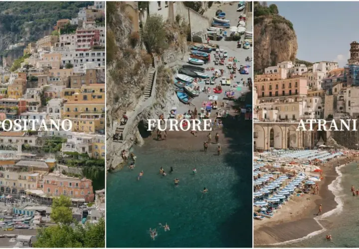 Positano, Furore, and Atrani are towns that make up the Amalfi Coast, showcasing stunning cliffside villages and vibrant beaches.