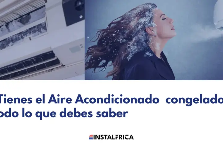Unidad interior de aire acondicionado con hielo. Una mujer con nieve en el cabello recibe aire frío.