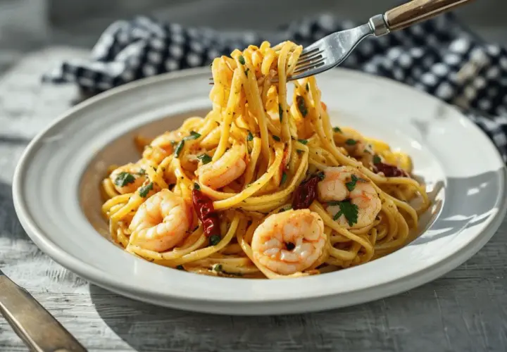Espaguetis con gulas, gambas y guindilla, servidos en un plato blanco. Un tenedor levanta un bocado de pasta.