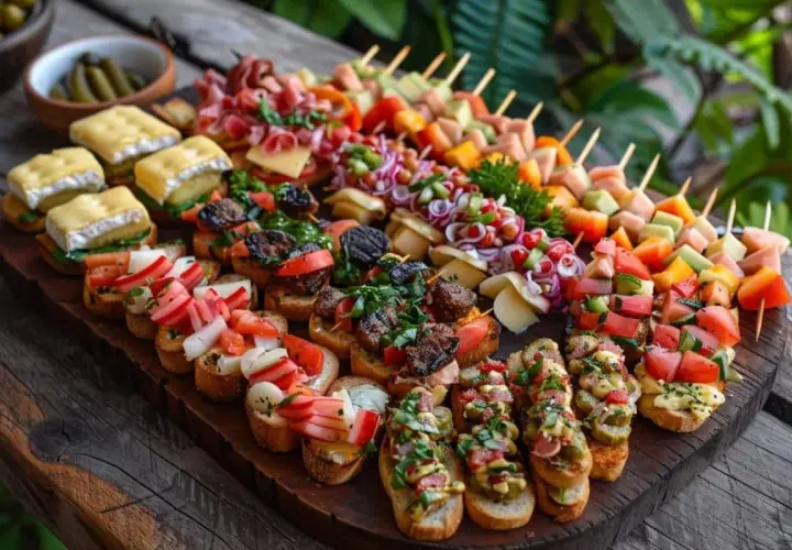 Plateau d'apéro dinatoire pour 15 personnes : brochettes colorées, bruschettas garnies, fromages et charcuteries. Un festin visuel !
