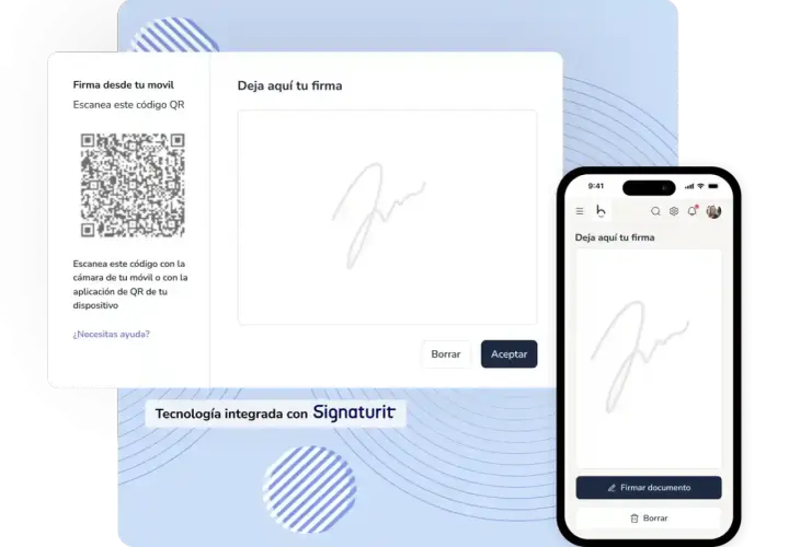 Interfaz para firmar documentos digitalmente. Muestra un código QR para firmar desde el móvil y un campo para dibujar la firma. Se puede cambiar la firma si no es correcta.