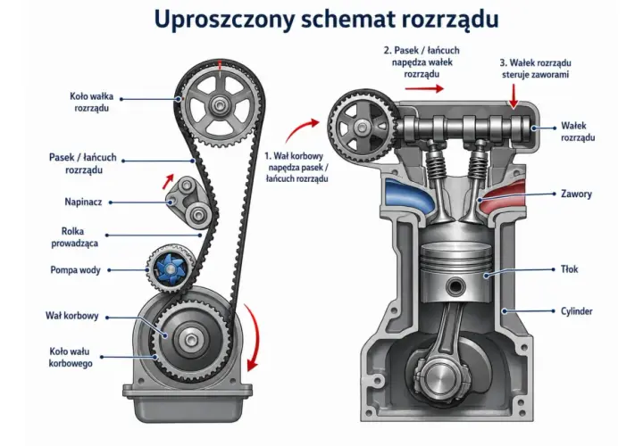 Schemat działania rozrządu w aucie: wał korbowy napędza pasek, który z kolei obraca wałek rozrządu sterujący zaworami i tłokiem.
