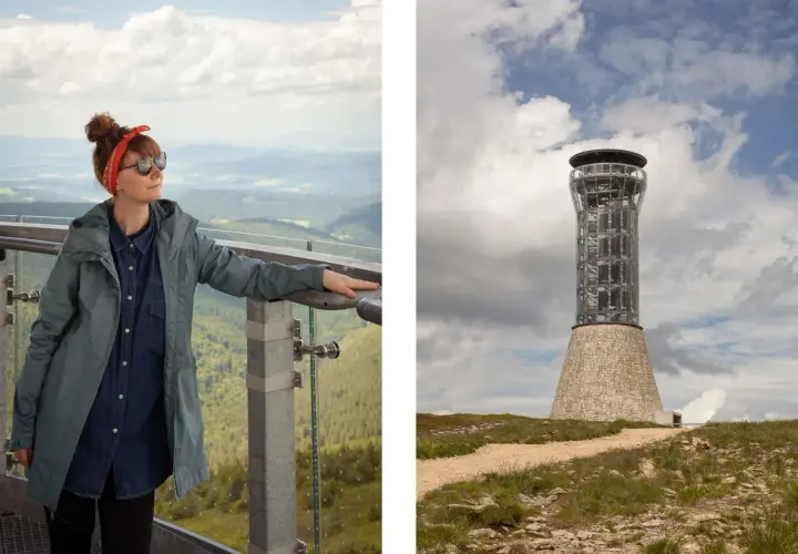 Kobieta na tarasie widokowym podziwia krajobraz. W oddali widać wieżę widokową, do której prowadzi najkrótszy szlak na Śnieżnik.