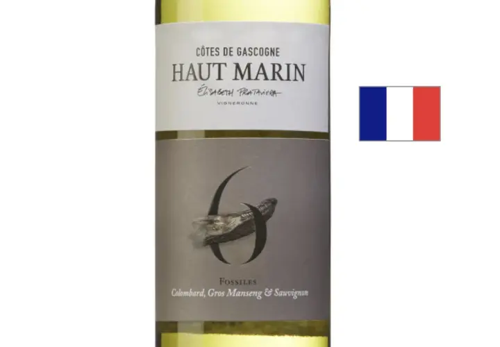 Haut Marin, ett vitt vin från Gascogne, perfekt vin till lax. Flaska med fransk flagga.