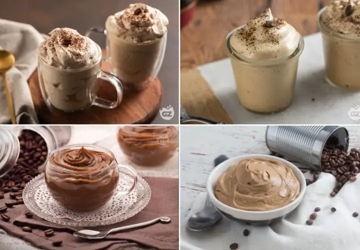 Quattro deliziose versioni di crema al caffè, alcune spolverate di cacao, altre con chicchi di caffè, in bicchieri e ciotole.