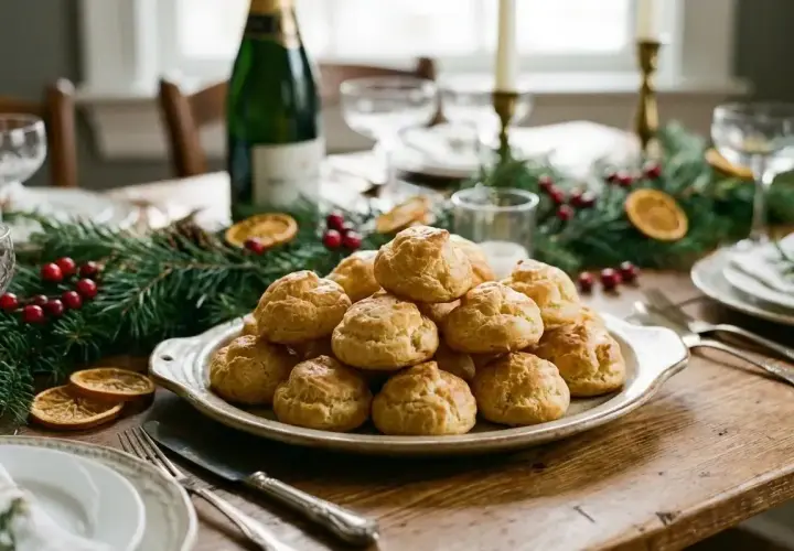 Pile de gougères au fromage dorées sur un plat, décorées de sapin et d'oranges séchées. Une table de fête prête à accueillir.