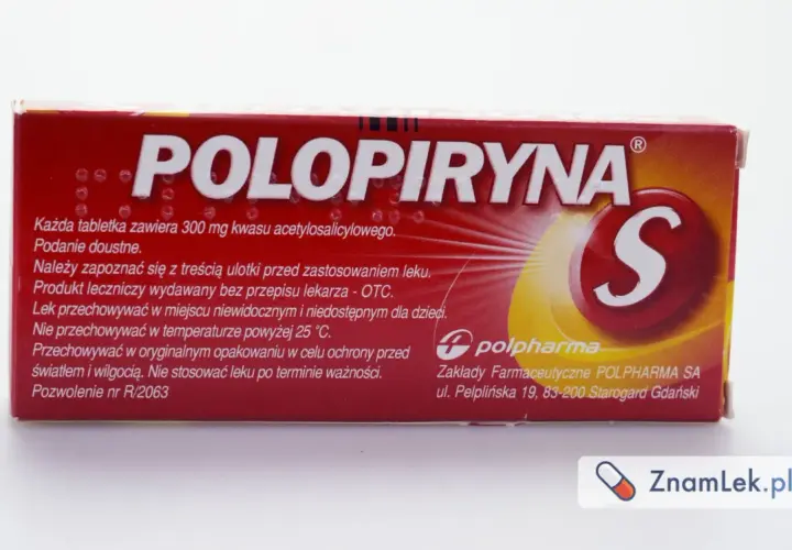 Opakowanie leku Polopiryna S, zawierającego 300 mg kwasu acetylosalicylowego. Produkt leczniczy OTC.
