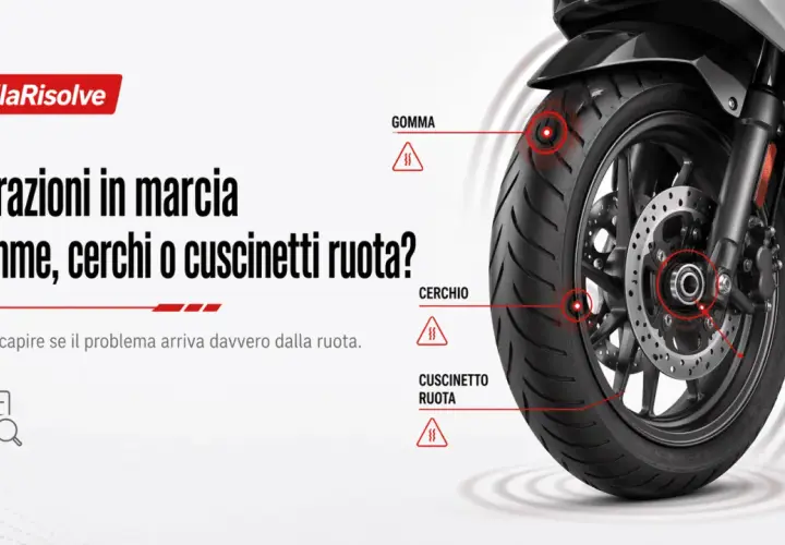 Ruota di scooter con indicazioni su gomma, cerchio e cuscinetto ruota. Possibile rumore cuscinetto ruota?