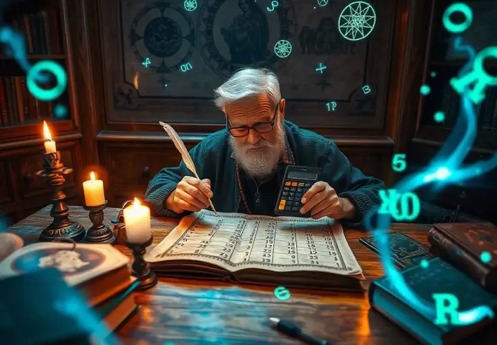 Starsza osoba z piórem i kalkulatorem zgłębia tajemnice numerologii 11, otoczona świecami i mistycznymi symbolami.