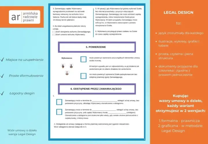 Wzór umowy o dzieło w wersji Legal Design: przejrzyste zasady, proste sformułowania i łagodny design. Dokumenty zgodne z prawem.