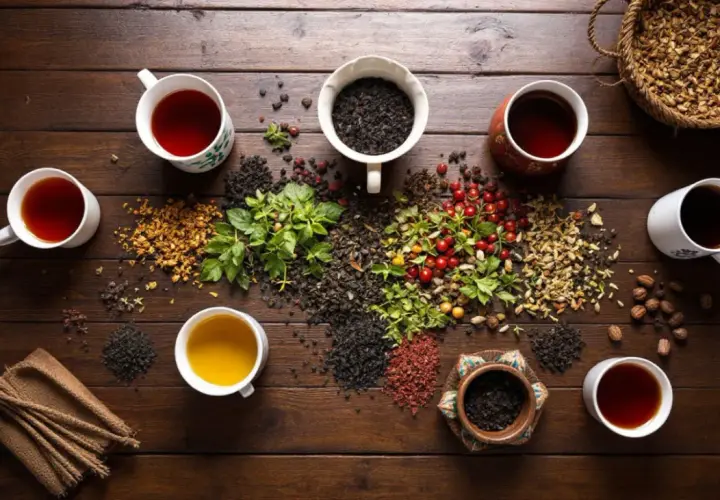 Tasses de thé noir fumant, entourées d'herbes fraîches, de baies rouges et de feuilles séchées. Une invitation à savourer une infusion réconfortante.