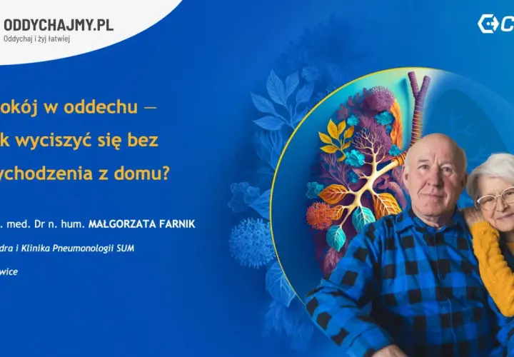 Starsze małżeństwo z troską o oddech. Grafika płuc i roślinności symbolizuje zdrowie. Głośny oddech może być sygnałem do działania.