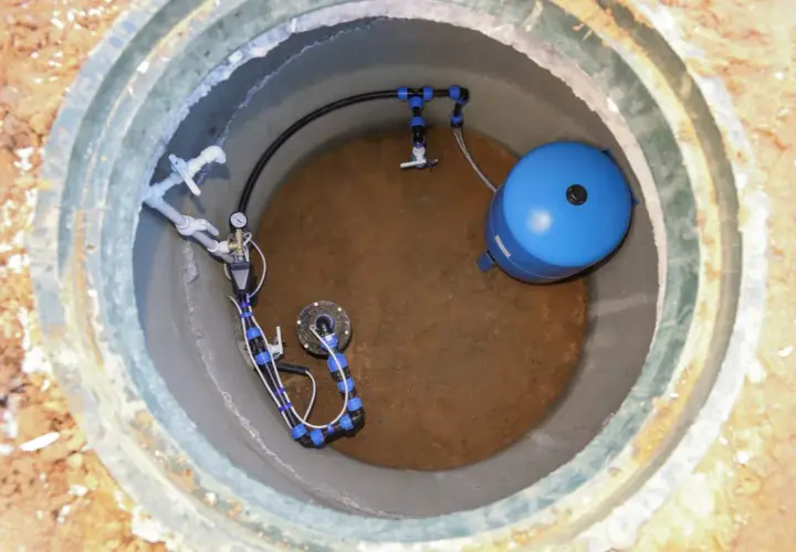 Wykończenie studni głębinowej: niebieski zbiornik hydroforowy i system rur z manometrem.