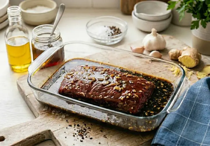 Un morceau de bœuf est plongé dans une marinade savoureuse, prêt à être cuit. Huile, ail, gingembre et épices sont les ingrédients clés de cette marinade boeuf.