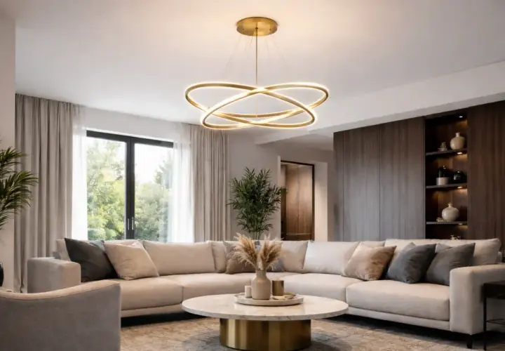 Nowoczesny salon z narożną sofą i okrągłym stolikiem. Centralnym punktem jest designerska lampa, która daje idealne światło, zastanawiasz się jaka moc żarówki led do salonu będzie najlepsza?
