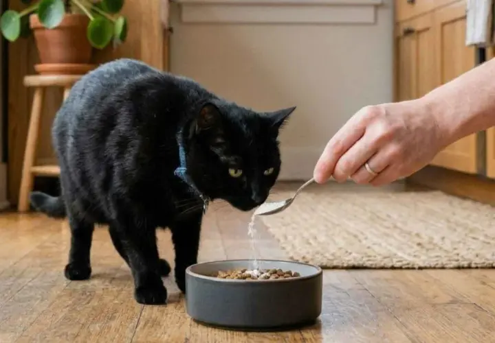Un gato negro curioso huele una cuchara con suplemento de taurina que se añade a su comida.