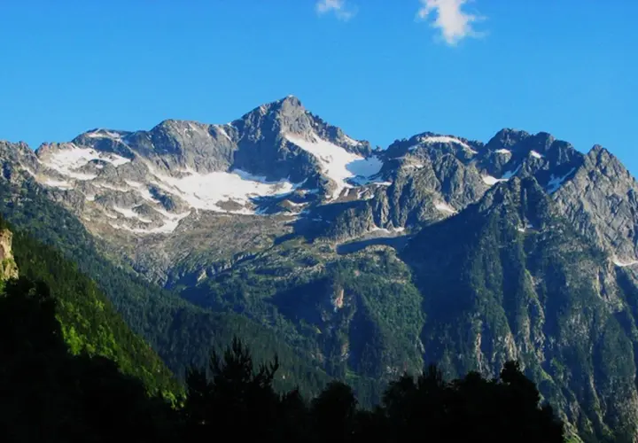 Majestuoso montarto pico nevado bajo un cielo azul. Bosques verdes cubren las laderas.