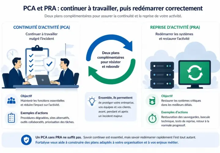 Illustration expliquant la résilience en cybersécurité avec les plans PCA et PRA pour assurer la continuité et la reprise d'activité.