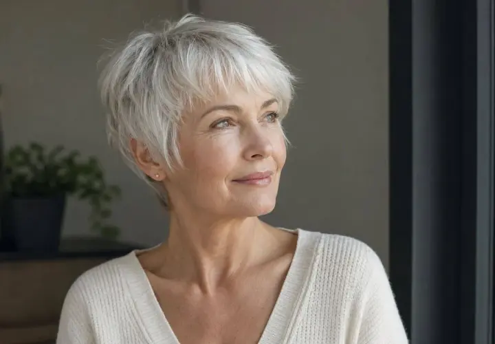 Mujer con pelo corto blanco moderno, mirada serena y suéter de punto.