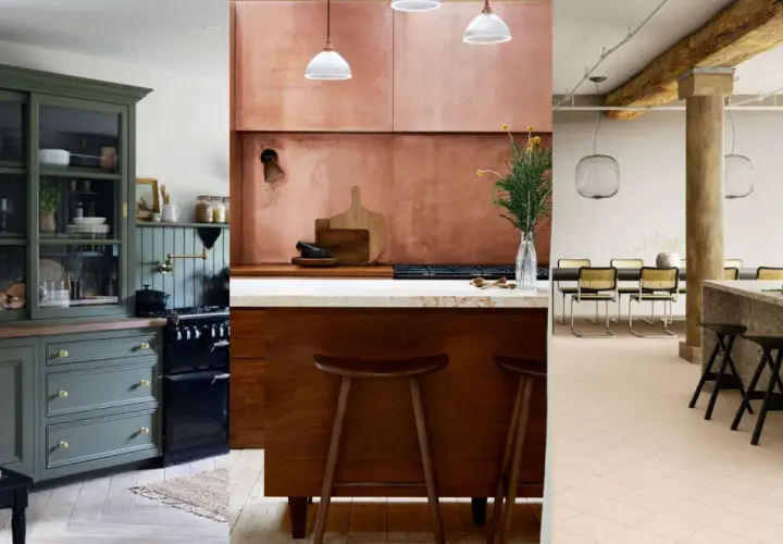 Three distinct kitchens showcase natural wood kitchen design: a sage green hutch, a copper-clad cooking area, and a modern space with exposed beams and a terrazzo island.