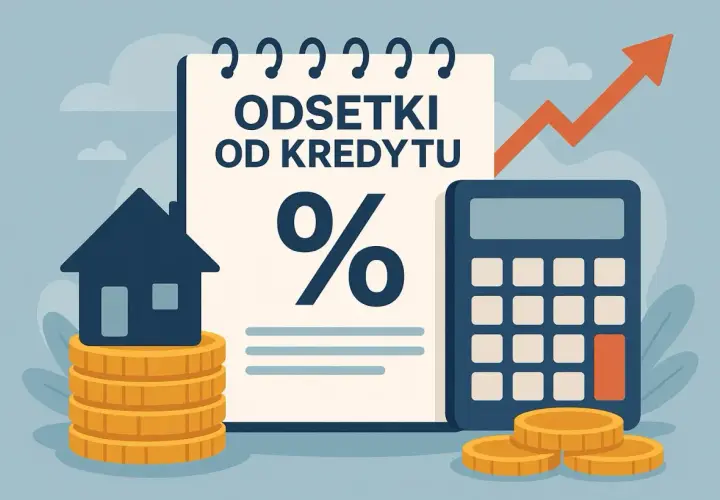 Ilustracja pokazuje jak obliczyć oprocentowanie kredytu: dom na monetach, kalkulator, wykres wzrostu i symbol procentu na kartce.