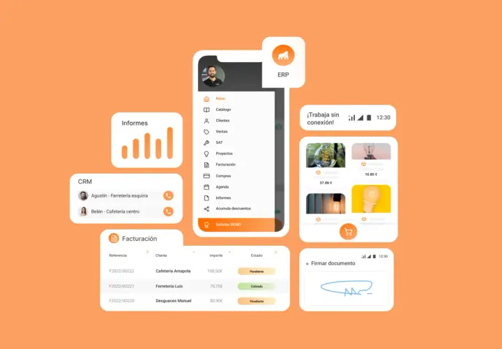 Interfaz de ERP para organizar documentos, con módulos de informes, CRM y facturación.