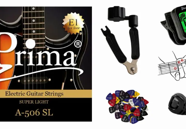 Zestaw do nauki, jak założyć struny do gitary elektrycznej: gitara, struny, klucz do naciągania, kostki, tuner i schemat chwytu.