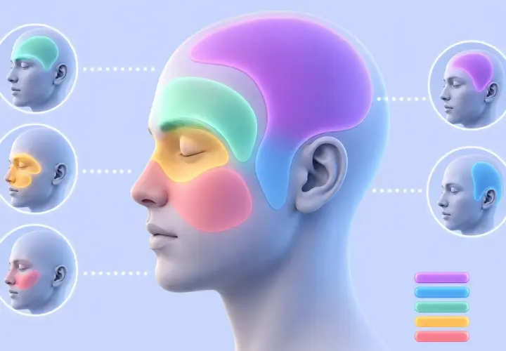 Illustration montrant les zones du visage et de la tête associées aux maux de tête, pour comprendre comment faire passer un mal de tête.