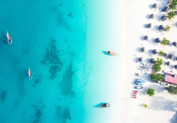 Rajska plaża na Zanzibarze, gdzie turkusowa woda i biały piasek tworzą idealne tło dla tradycyjnych łodzi. Można tu poczuć atmosferę wakacji, marząc o przygodach i wymieniając się wrażeniami, jakby to była lokalna waluta.