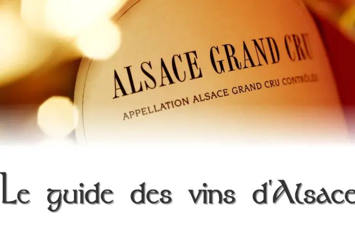 Étiquette "Alsace Grand Cru" sur une bouteille, évoquant un millésime d'Alsace. Le texte "Le guide des vins d'Alsace" apparaît en bas.