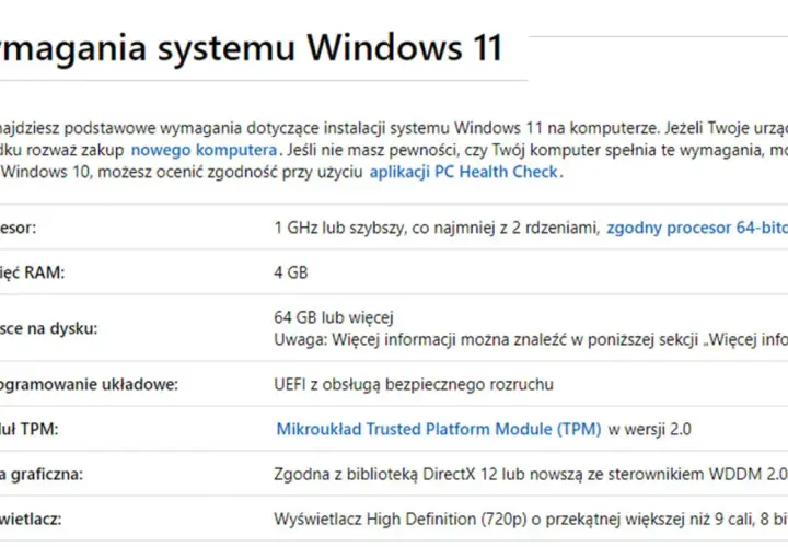 Lista wymagań systemu Windows 11: procesor 1 GHz/2 rdzenie, 4 GB RAM, 64 GB dysku, UEFI, TPM 2.0, DirectX 12.