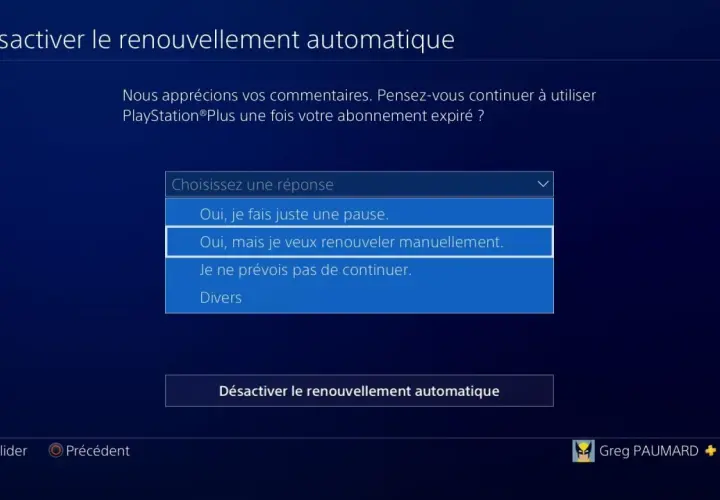 Écran de désactivation du renouvellement automatique d'abonnement PlayStation. L'utilisateur choisit de renouveler manuellement.
