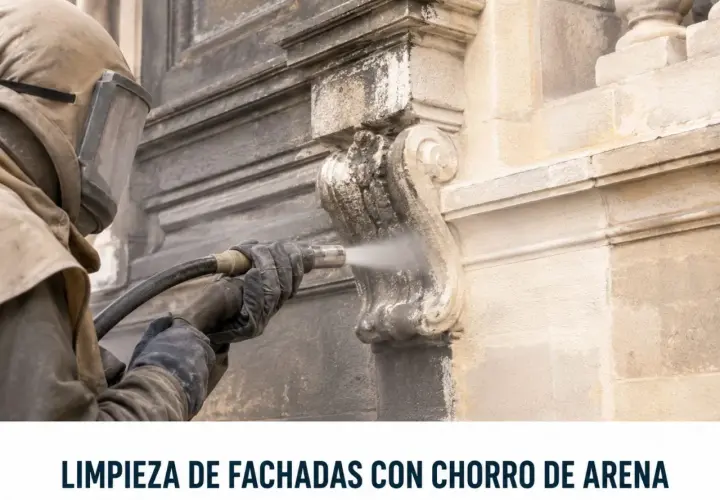 Trabajador con equipo de protección realiza limpieza de fachadas con chorro de arena, restaurando la piedra.