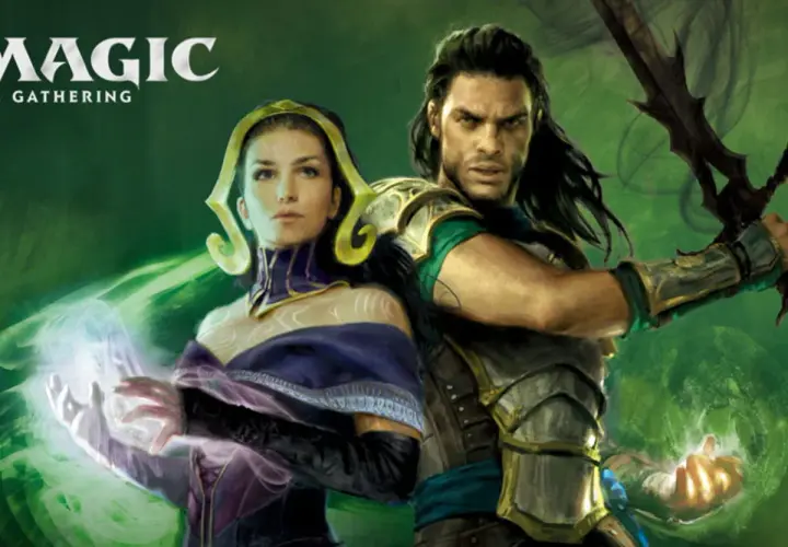 Deux personnages de la série Magic the Gathering, une femme lançant un sort lumineux et un guerrier armé d'une épée.