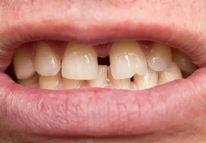 Widoczne usta z zębami, w tym charakterystyczna przerwa między przednimi zębami, czyli diastema.