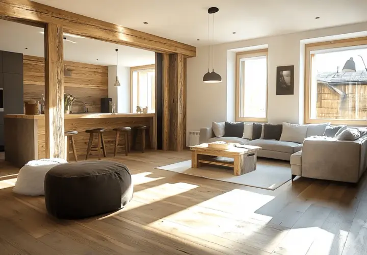Rustikale Holzbalken und Dielen schaffen ein warmes Ambiente. Ein gemütliches Sofa und ein Holztisch passen perfekt zu diesem Stil, der zeigt, was zu Eiche rustikal passt.